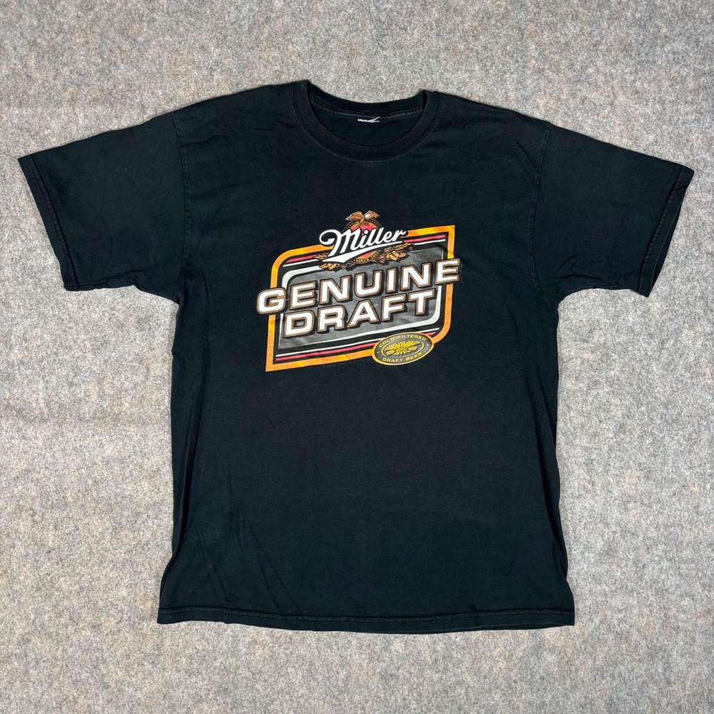 Miller Genuine Draft T-Shirt Mens L Black Graphic Beer Logo Retro Brew VTG Y2K